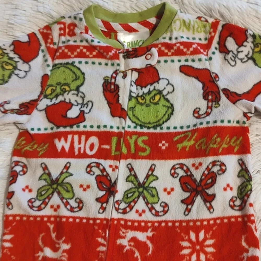 🎄Grinch Toddler Long Sleeve Fleece Christmas Zip-Up Footie Pajamas Size 12 Mos